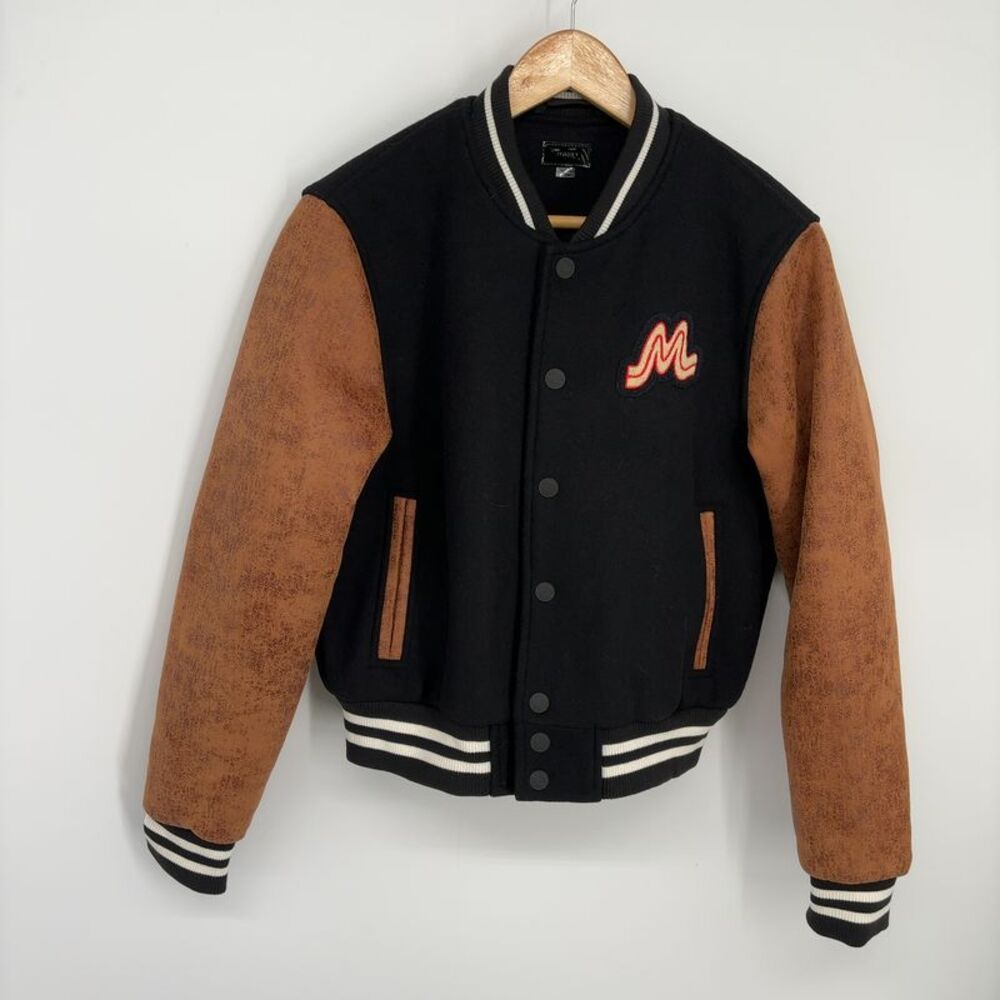 MOTHER The Double Letterman Varsity Jacket Black Tan
